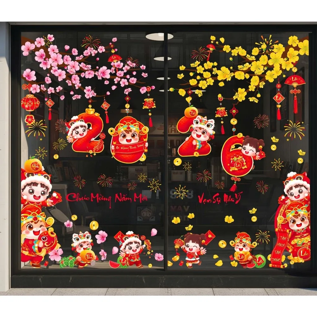 Decal Tết 2026 trang trí năm mới Bính Ngọ , decal tĩnh điện chữ Tiếng Việt, dán cửa kính hai mặt